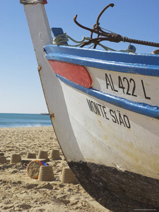 Traditional Fishing Boat and Sand Castles, Fishermans Beach, Albufeira, Algarve, Portugal
