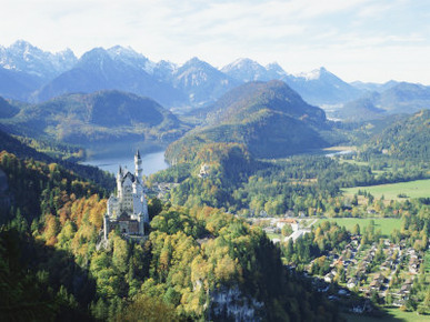 Neuschwanstein and Hohenschwangau Castles, Alpsee and Tannheimer Alps, Allgau, Bavaria, Germany